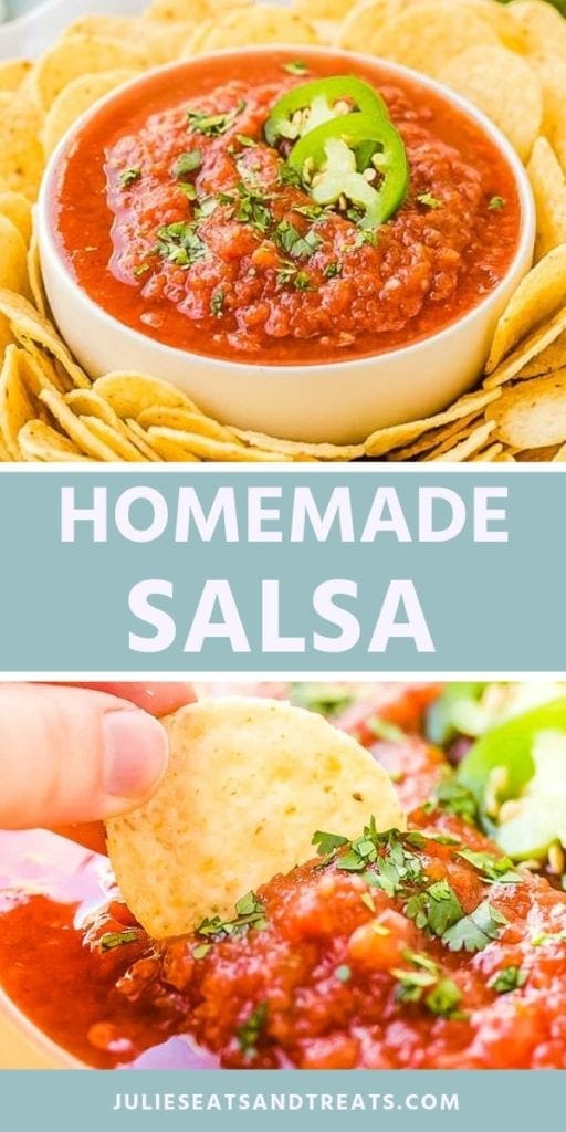 Collage with top image of a bowl of salsa surrounded by tortilla chips, middle blue banner with white text homemade salsa, and bottom image of a hand dipping a chip into salsa