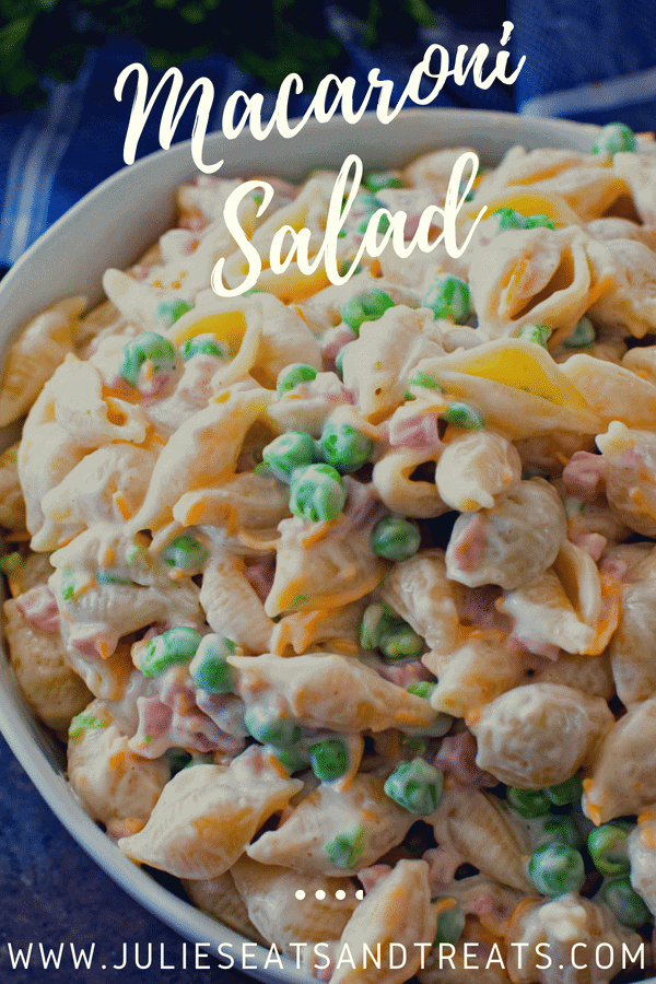 Macaroni Salad in a white serving bowl