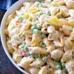 Picture of macaroni salad in white bowl