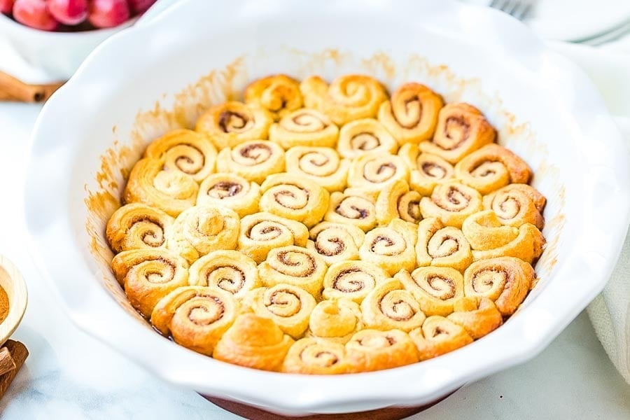 Easy Mini caramel rolls recipe in a pie plate