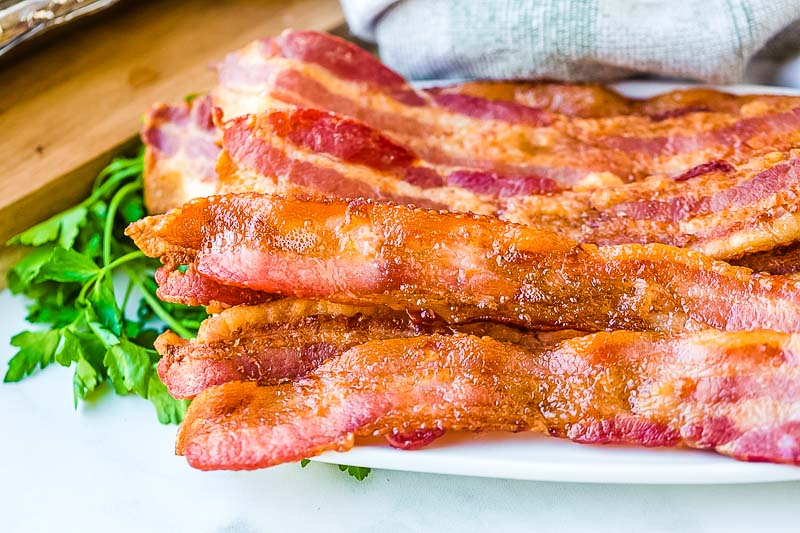 Oven Baked Bacon on white plate