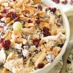 Cashew chicken rotini salad in a white bowl