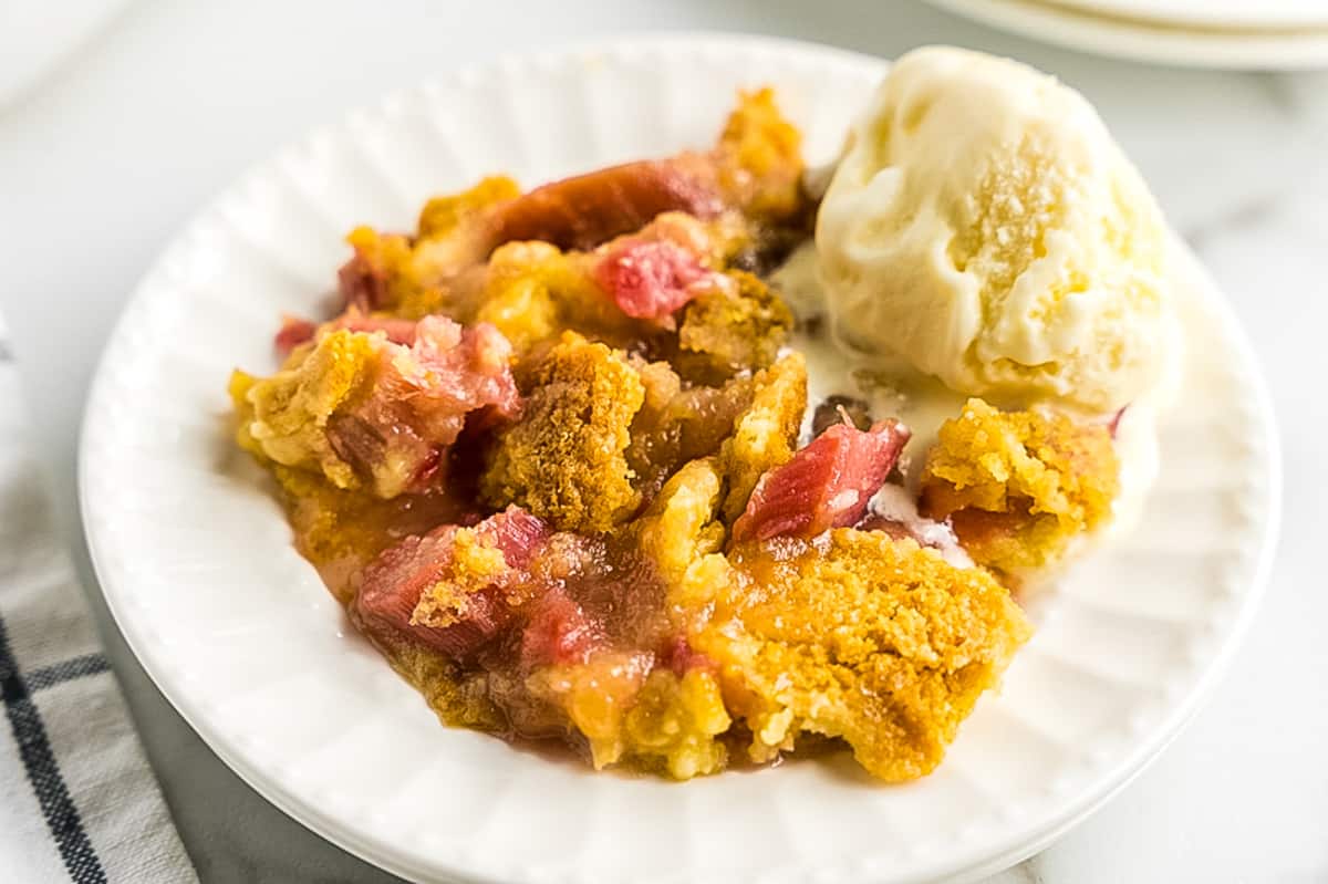 White plate with rhubarb crunch and ice cream