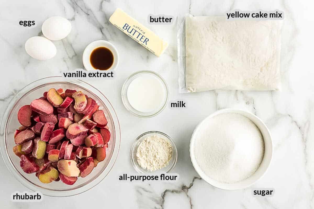 Overhead image of Rhubarb Dump Cake Ingredients