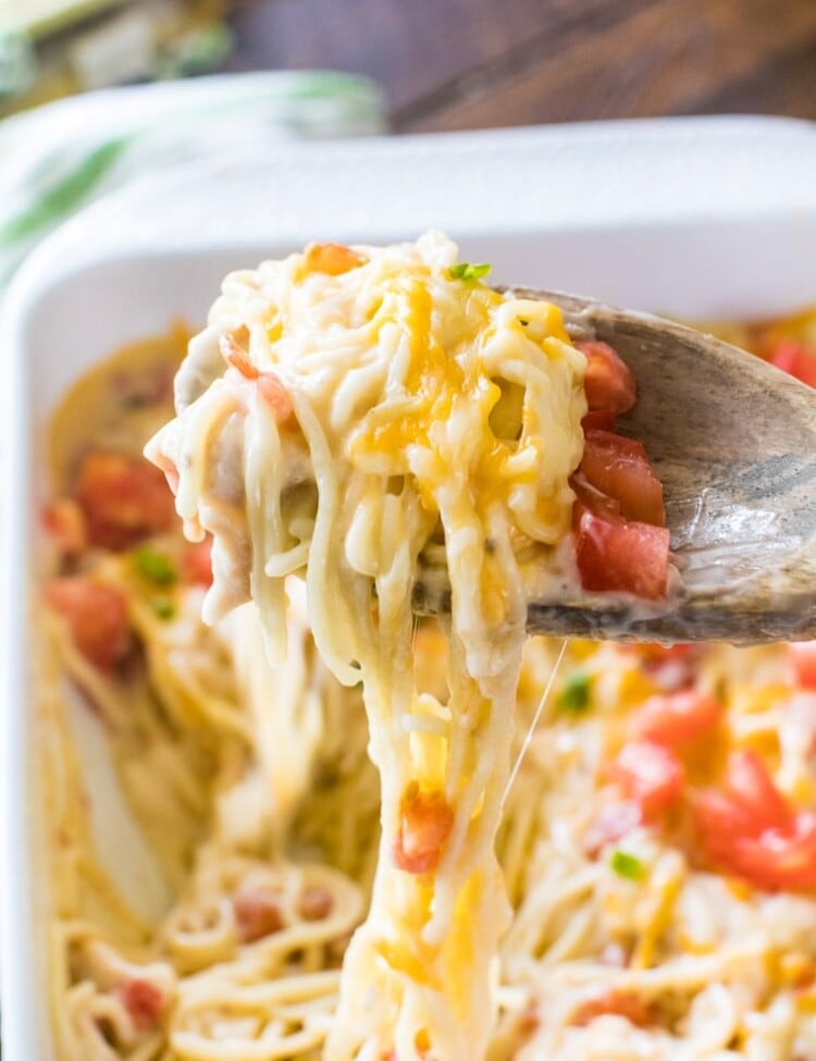 Mexican Chicken Spaghetti on wooden spoon