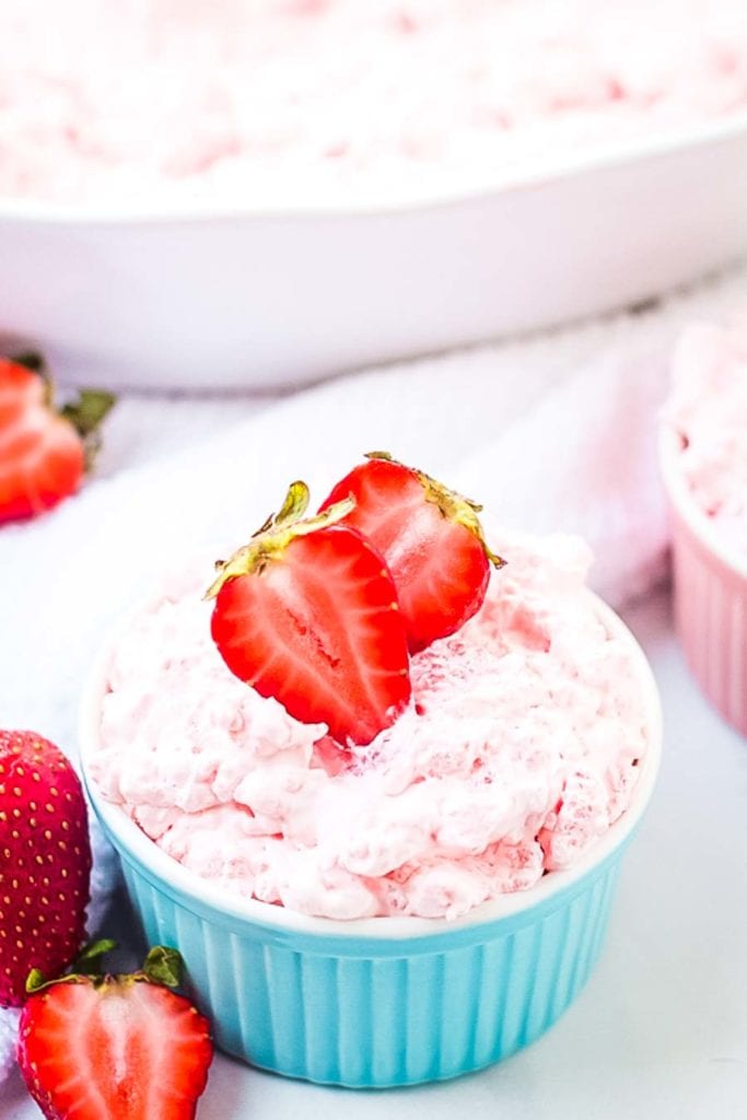 Strawberry Tapioca Salad in blue dish