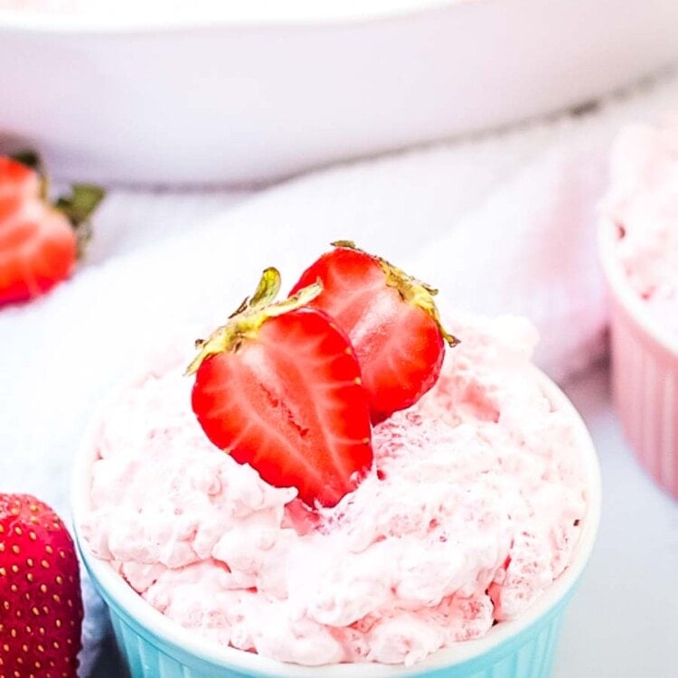 Strawberry Tapioca Salad in blue dish