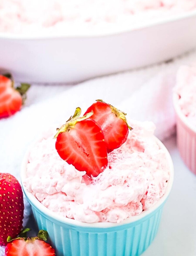 Strawberry Tapioca Salad in blue dish