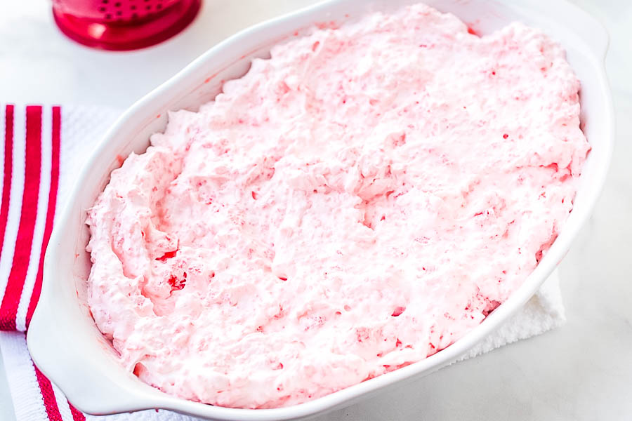 Strawberry fluff salad in white dish