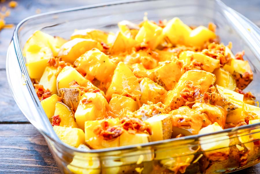 Crack Potatoes in glass baking dish