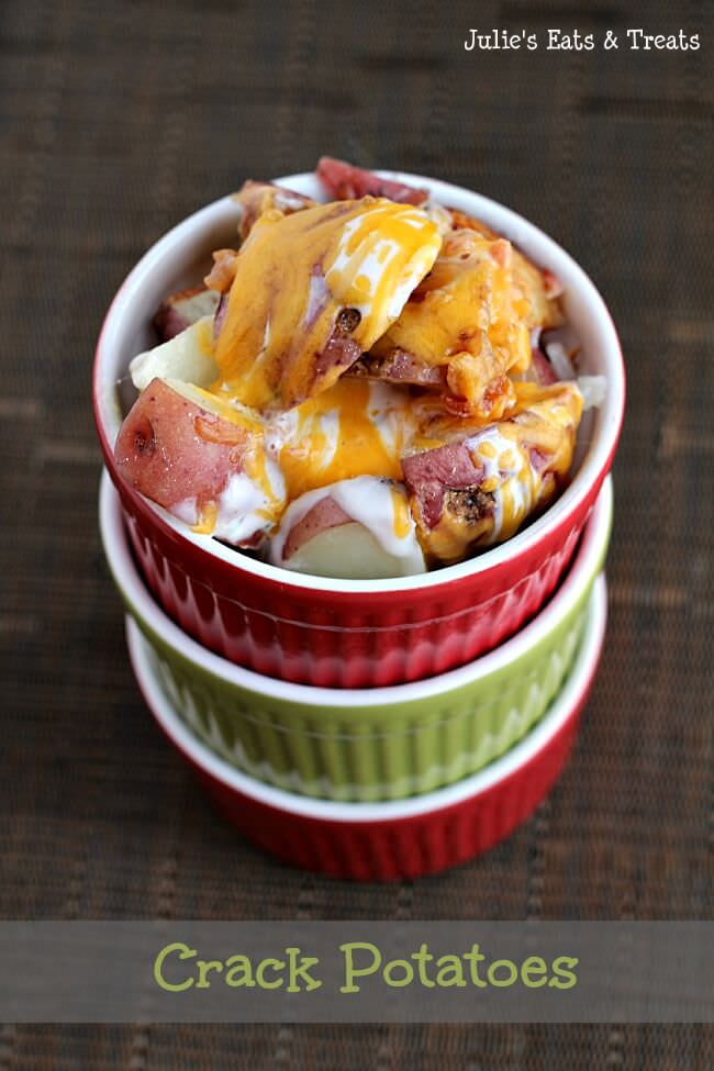 Crack Potatoes Loaded with Ranch Bacon Bits and Cheese via www.julieseatsandtreats.com #recipe