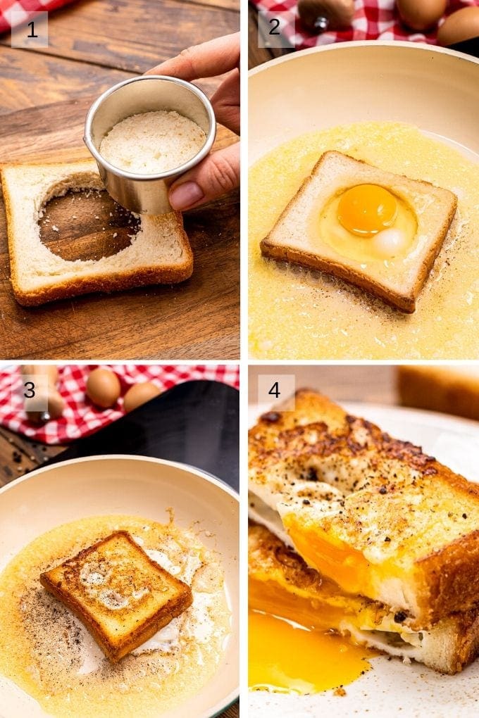 Collage of four images showing how to cut out center of bread and frying egg in the middle