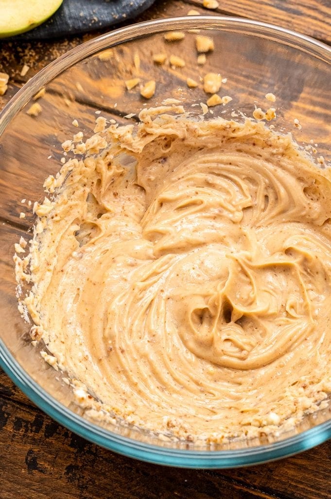 Glass bowl with cream cheese, brown sugar, vanilla, sugar creamed together