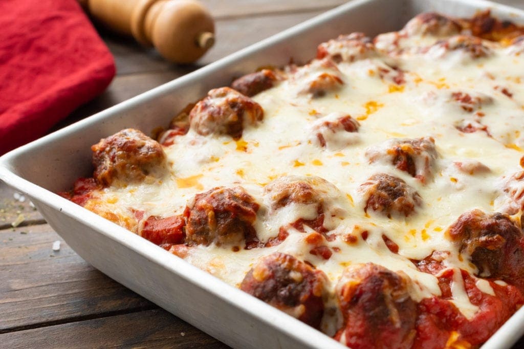 Easy Meatball Sub Casserole in baking dish