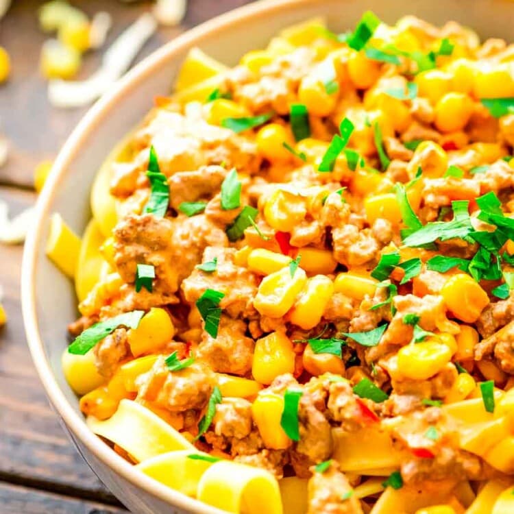 Easy Taco Stroganoff over pasta in a bowl