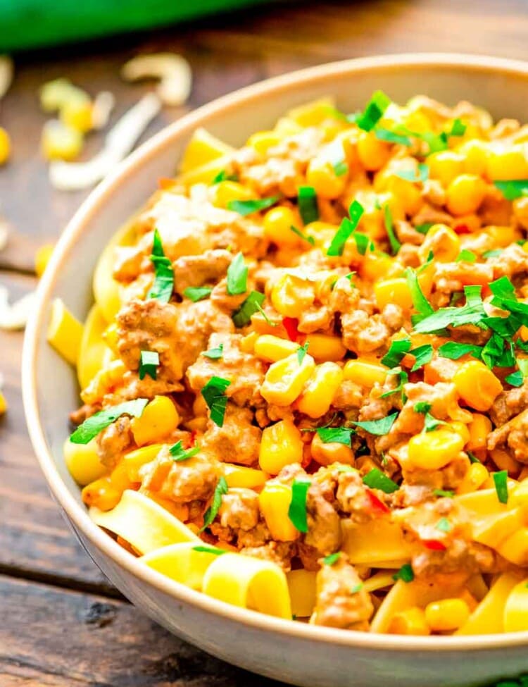 Easy Taco Stroganoff over pasta in a bowl