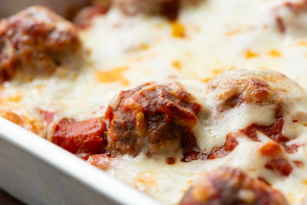 Meatball Sub Casserole in baking dish