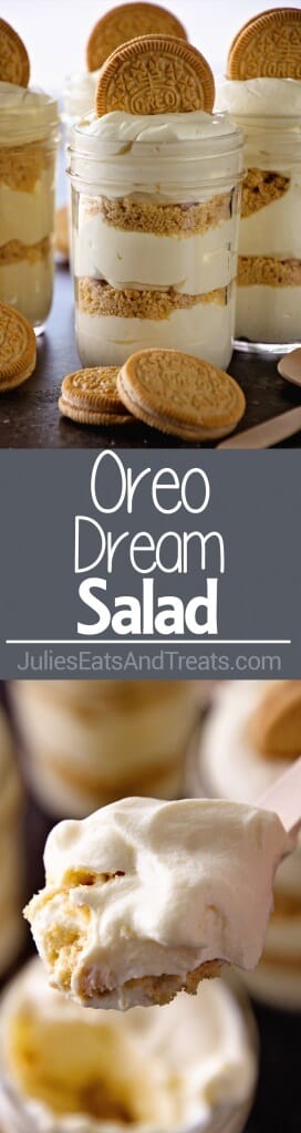 Golden Oreo Dream Salad ~ Layers of Delicious Crushed Oreos and Light Fluffy Pudding! Make it in a Mason Jar or Trifle Bowl! Perfect for Picnics!