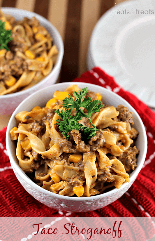 Taco Stroganoff ~ Add a kick to your favorite stroganoff loaded with Corn, Taco Meat and Pasta!