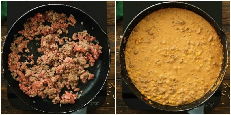 Side by side images of browning hamburger in a skillet and taco stroganoff in a skillet