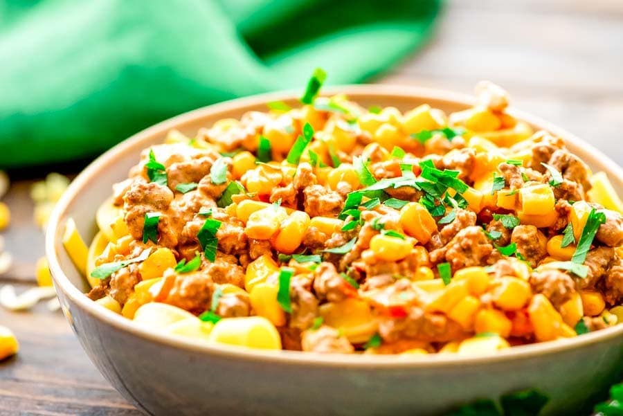 Bowl of Taco Stroganoff over pasta