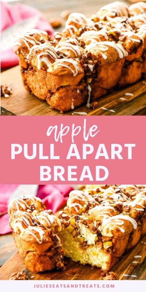 Collage with top image of a loaf of apple pull apart bread on a cutting board, pink middle banner with white text reading apple pull apart bread, and a bottom image of a chunk of apple pull apart bread ripped off