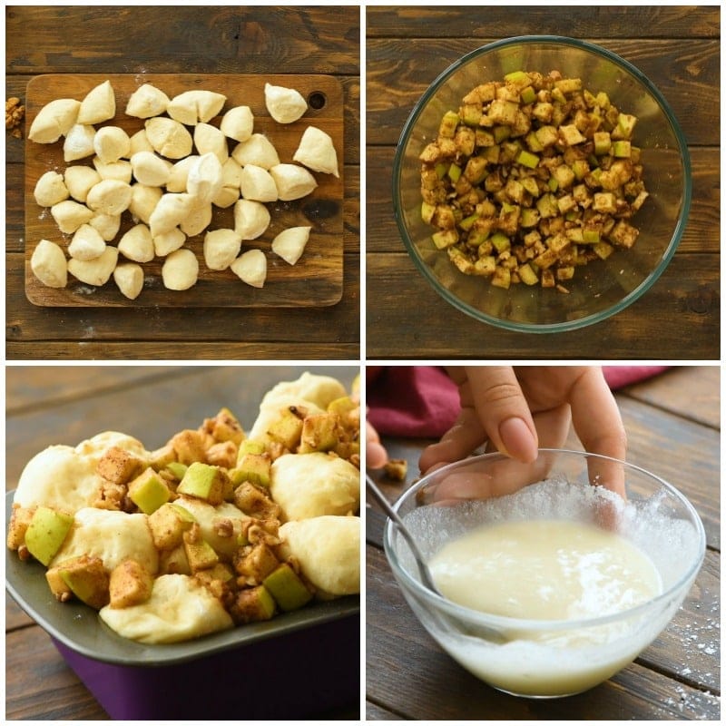 Four image Collage showing steps to make apple bread