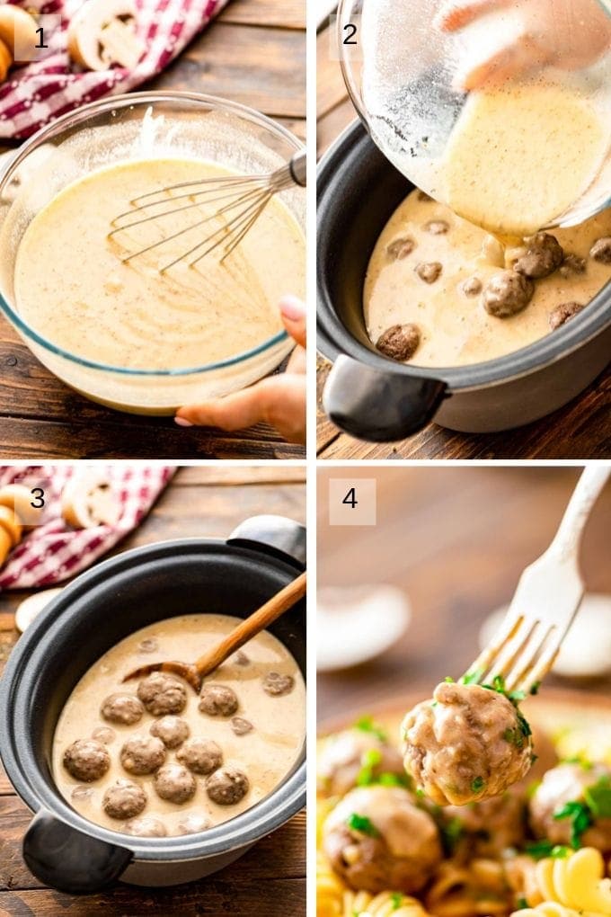 Collage of step by step photos for crockpot swedish meatballs