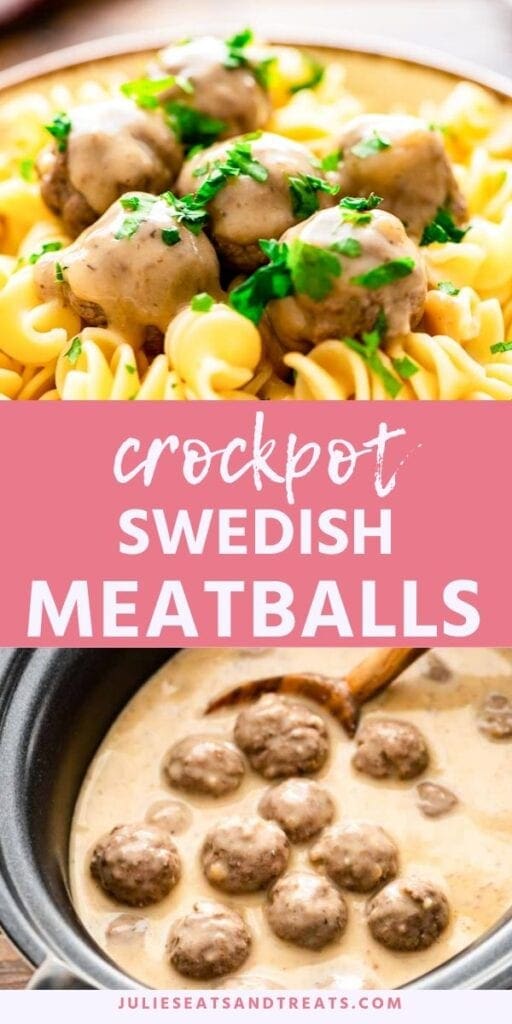 Crock pot swedish meatballs collage. Top image of meatballs over pasta in a brown bowl, bottom image of meatballs and sauce in a crockpot