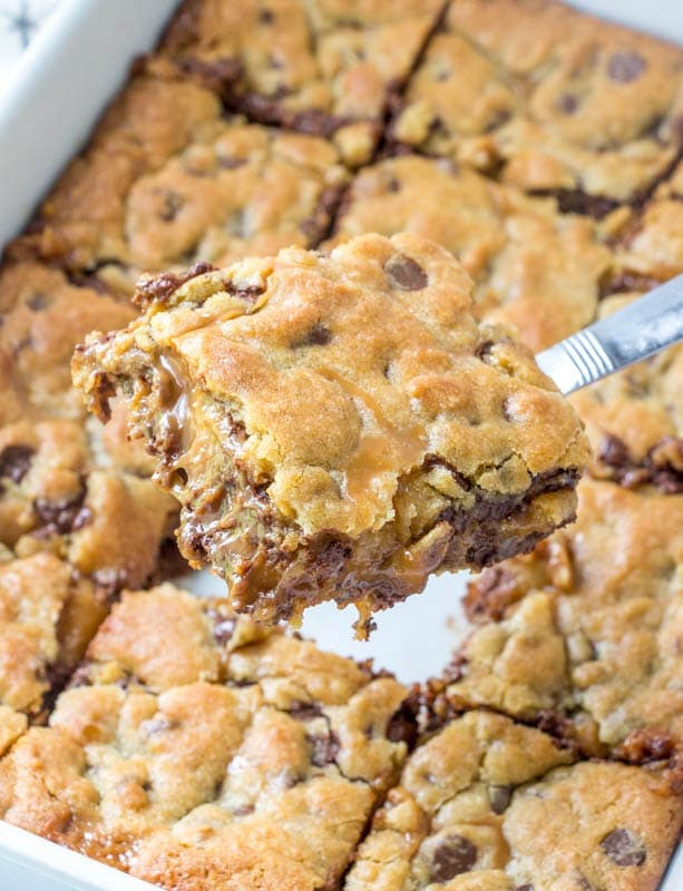 Caramel Cookie Bars on spatula