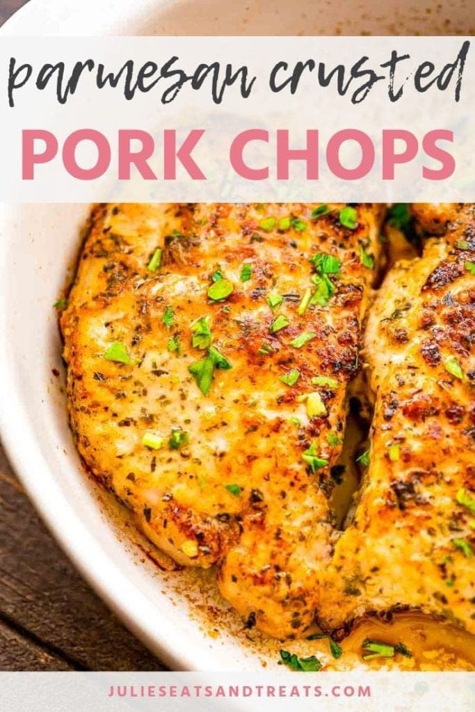 Parmesan crusted pork chops in a white baking dish