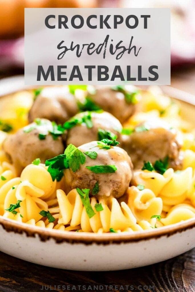 Crock pot swedish meatballs on top of pasta in a brown bowl