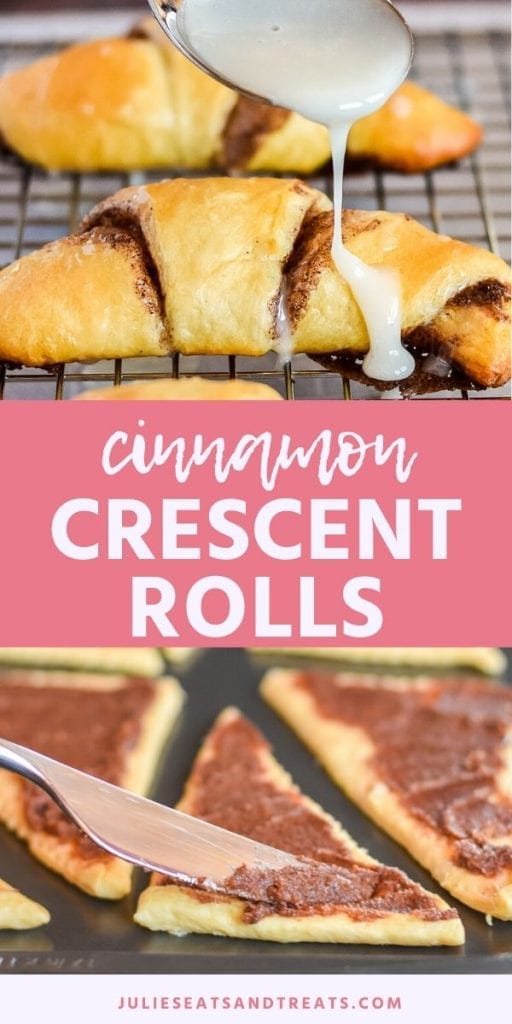 Cinnamon Crescent Rolls collage. Top image of cinnamon crescent rolls on a wire rack being drizzled with glaze from a spoon, bottom image of uncooked crescent roll dough being spread with cinnamon sugar mixture.