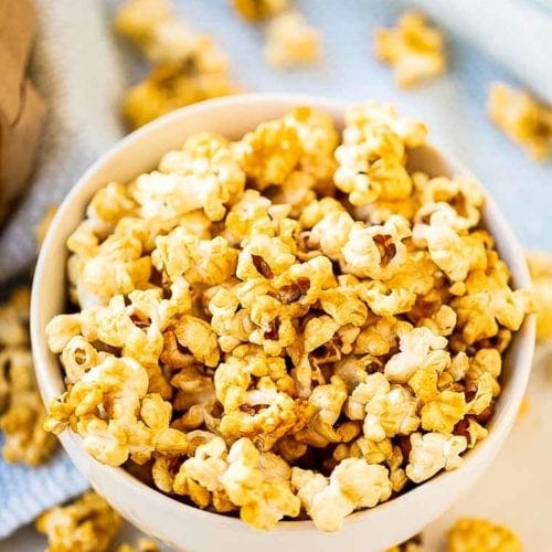 Caramel Corn Recipe in bowl with bag