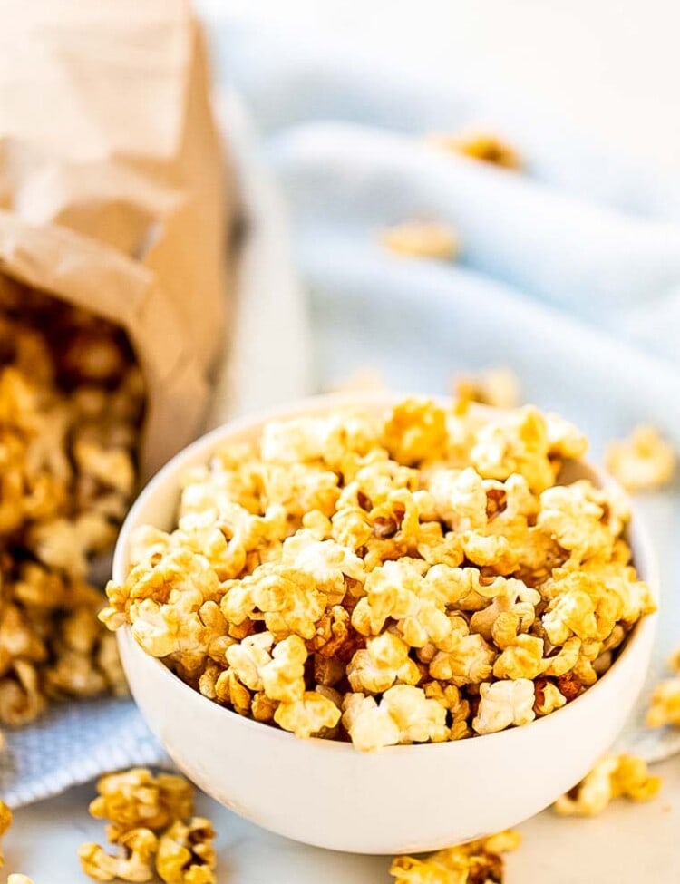Caramel Corn in bowl with bag in background