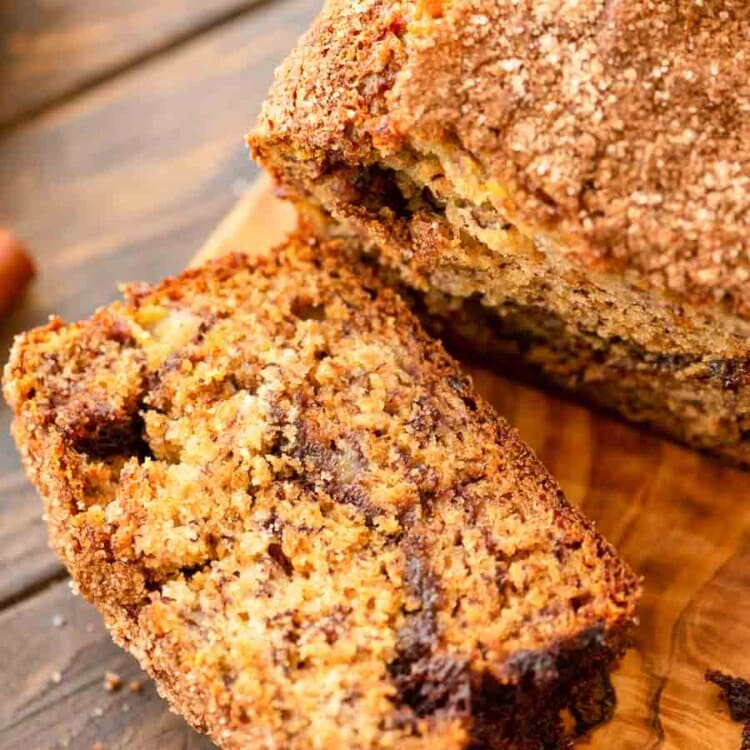 Cinnamon Banana Bread Sliced on a cutting board