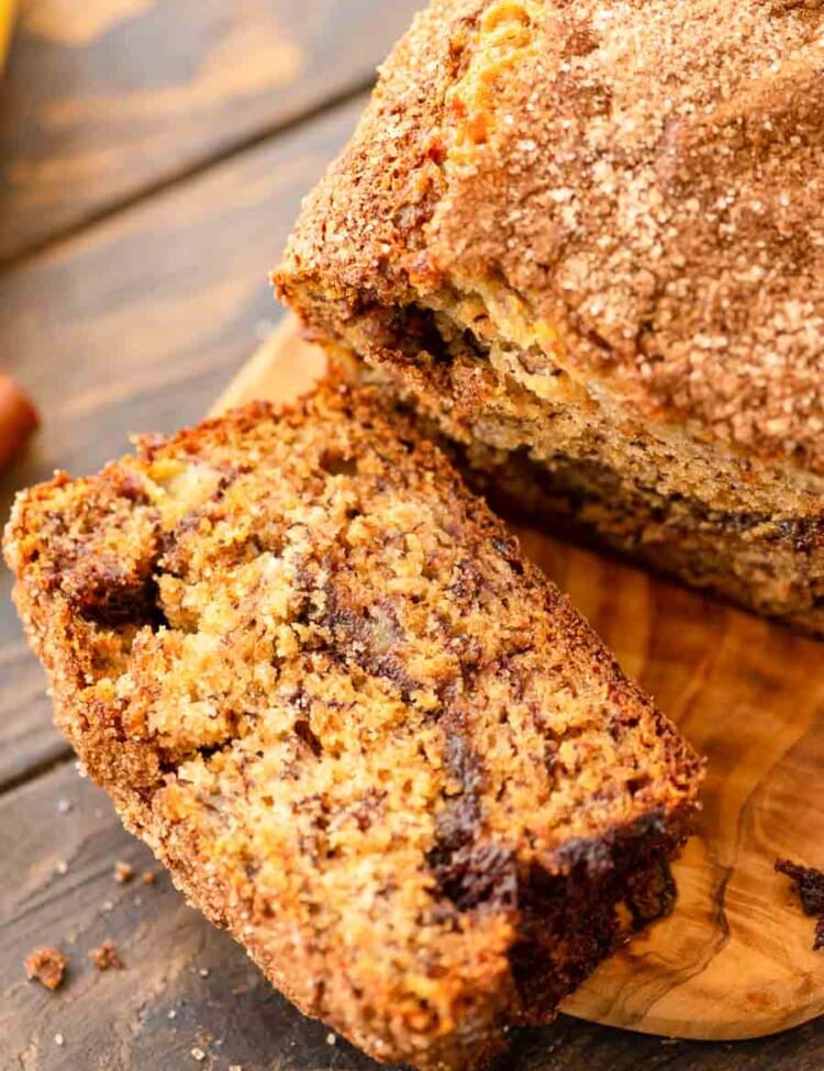 Cinnamon Banana Bread Sliced on a cutting board