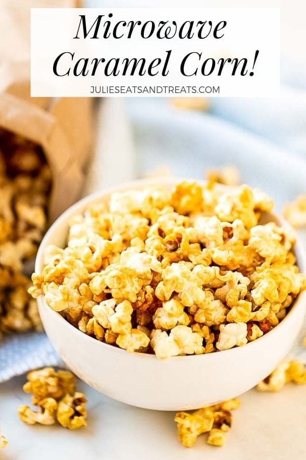 Microwave caramel corn in a white bowl