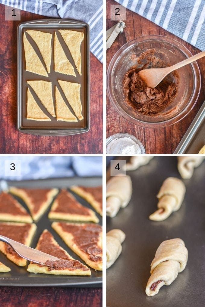 Four Image collage on steps to making cinnamon crescent rolls