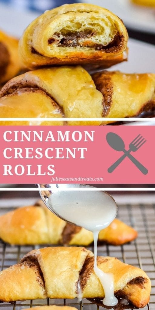 Pinterest Collage Cinnamon Crescent Rolls, top image of a cinnamon crescent roll ripped in half and stacked on top of another roll, bottom image of cinnamon crescent rolls on a wire rack being drizzled with glaze.