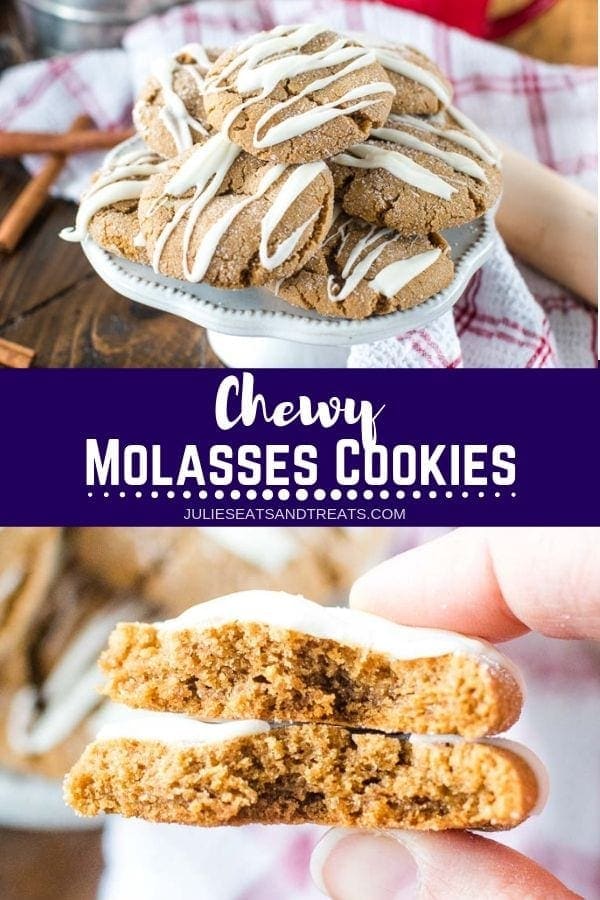 Collage with top image of a plate full of cookies, middle banner with white text reading chewy molasses cookies, and bottom image of a molasses cookie broken in half
