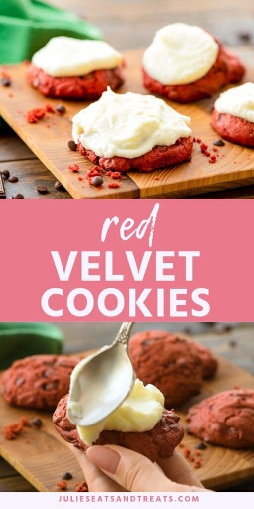 Red velvet cookies collage. Top image of four frosted red velvet cookies on a cutting board, bottom image of a hand holding a cookies and spreading cream cheese frosting on it with a spoon.