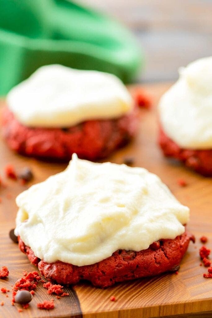 Red Velvet Cookies on wood cutting board