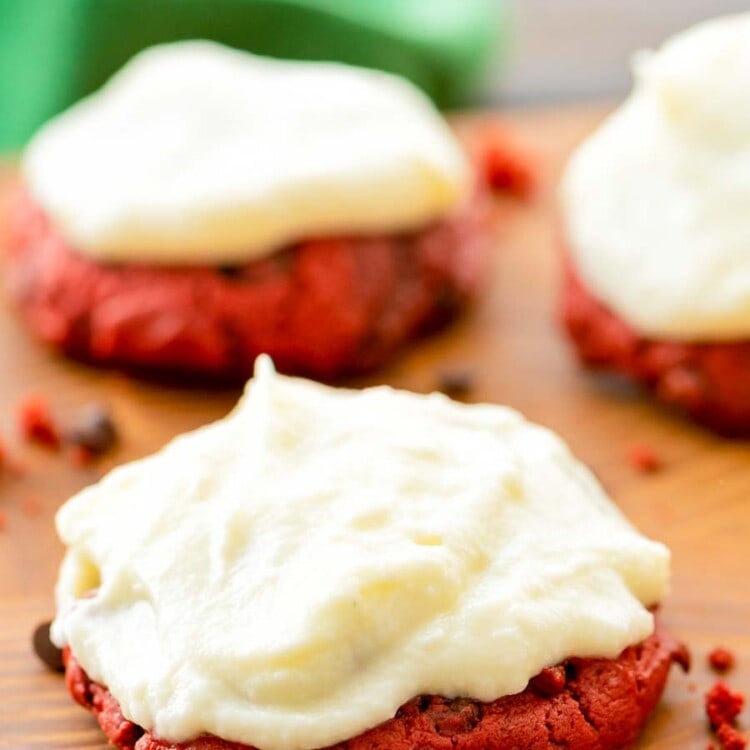 Red Velvet Cookies on wood cutting board