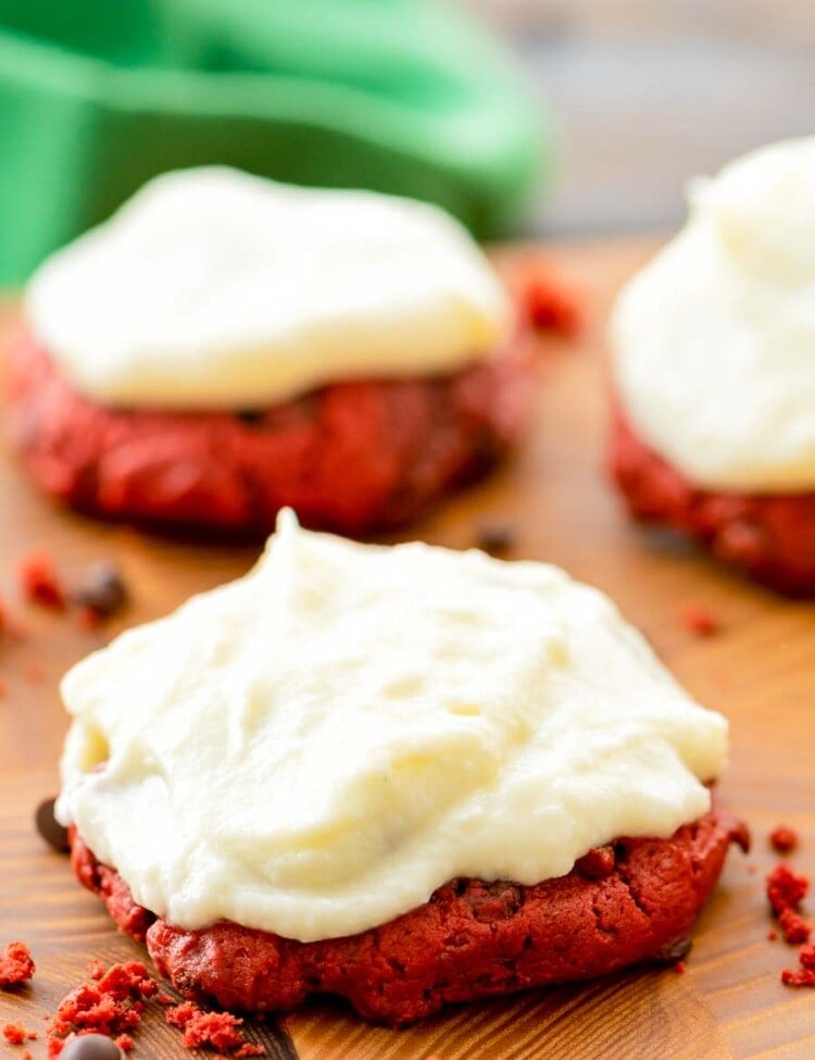 Red Velvet Cookies on wood cutting board