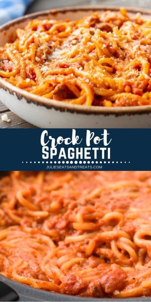Collage with top image of prepared spaghetti in a cream bowl, middle navy banner with white text reading crock pot spaghetti, and bottom image of spaghetti in the crock pot