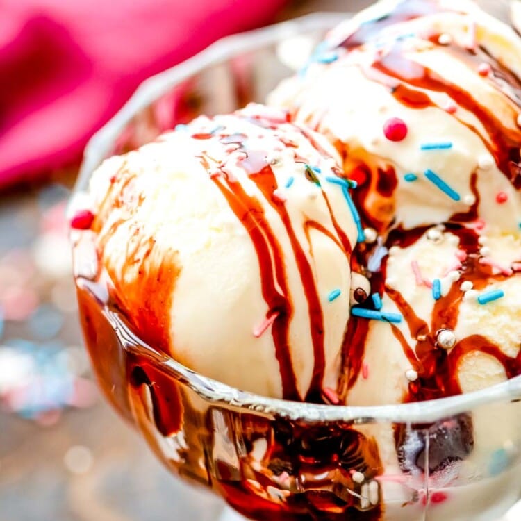 Hot Fudge Sauce over ice cream with sprinkles