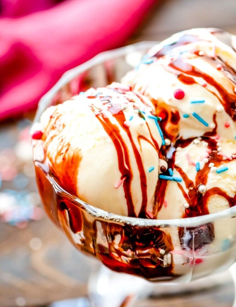 Hot Fudge Sauce over ice cream with sprinkles