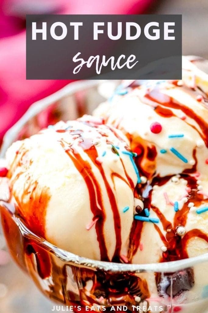 Hot fudge sauce over ice cream with sprinkles