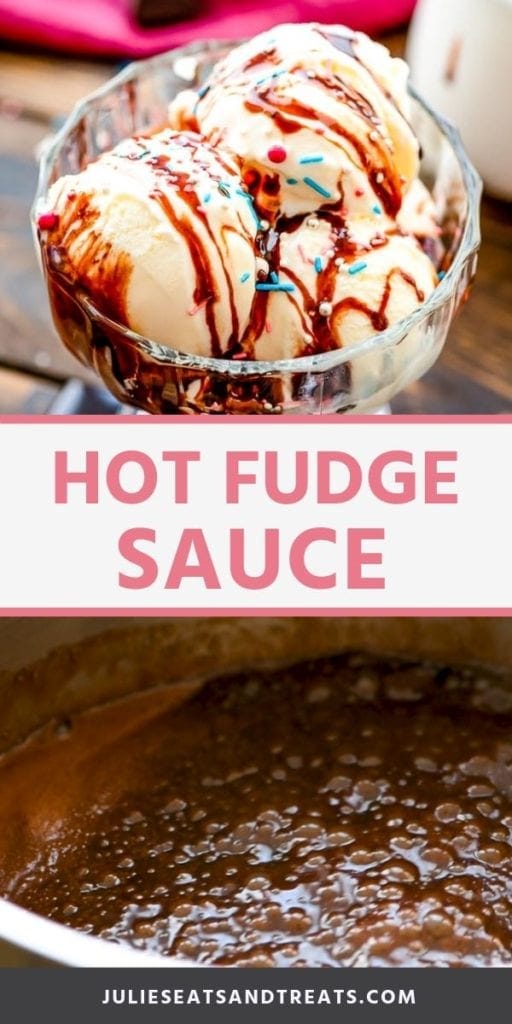 Collage with top image of hot fudge sauce on ice cream with sprinkles, white middle banner with pink text reading hot fudge sauce, and bottom image of hot fudge sauce in a pan